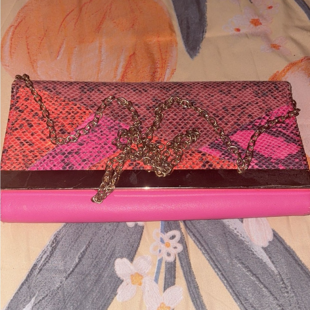 Pink Snakeskin Clutch with Chain